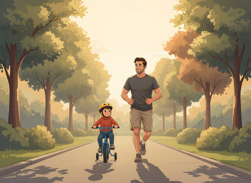 father and son riding bikes in park