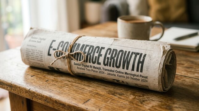 Rolled Newspaper Featuring "E-COMMERCE GROWTH" Headline on a Wooden Table with Coffee and Notebook