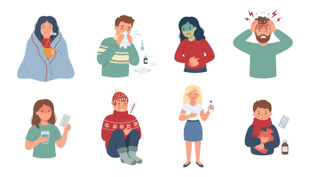 Sick people experiencing different illness symptoms like fever flu headache stomach ache allergy and taking medical treatments vector illustration.