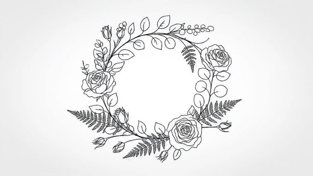 Floral Wreath Hand-Drawn Sketch on White Background Graphic. 4K Video