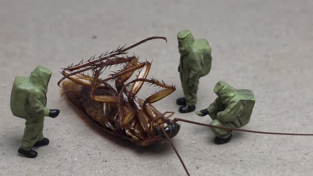 Mini toy of action figure at table with blurred background. Miniature videography concept design. Minifigure of scientist crew character wear hazmaf suit with dead body of cockroach. Footage video.