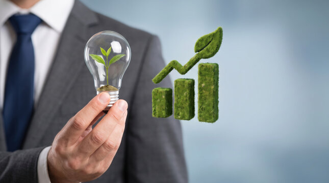Businessperson holding light bulb with green plant beside growth chart showing. green renewable energy sustainability. future management responsibility, graph report statistic analysis monitoring