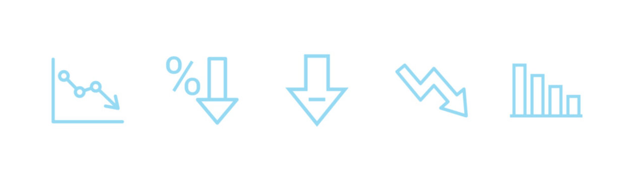 Financial loss and decrease icons set, business crisis, falling down arrow, reduction and recession cyan outline vector symbols isolated on white background