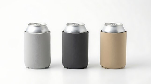 Three aluminum soda cans in different colored neoprene foam coolie sleeves for keeping drinks cold. koozie mockup