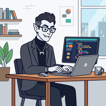 Vampire Software Developer Coding on Laptop at Office Desk Flat Vector Illustration