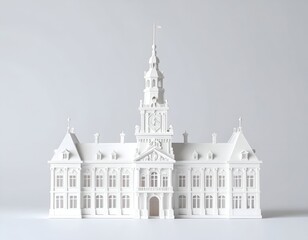 Fototapeta premium A miniature all-white detailed model of a classic European-style building with a central tower