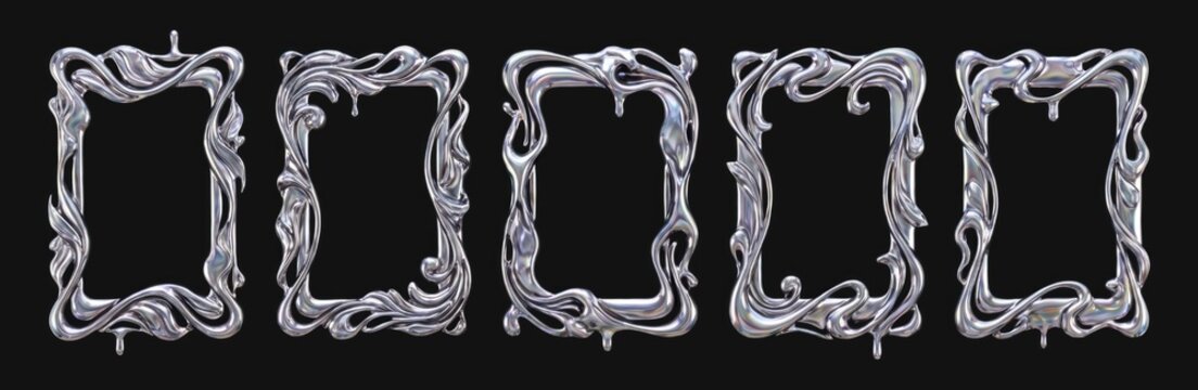 3d liquid chrome frame set, set of five ornate liquid silver frames with organic flowing shapes and metallic texture isolated on black background