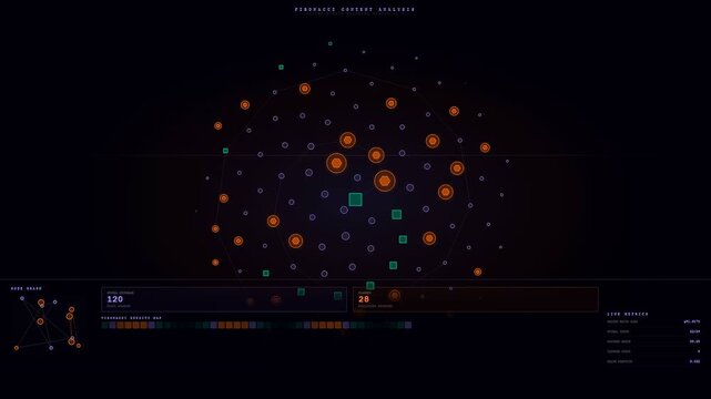 Content flagging systems appear on a dark interface displaying expanding circular nodes and modular geometric data clusters illustrating a process of digital network growth over time