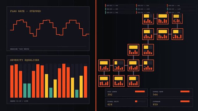Monitoring system interfaces showing content flagging data visualization with orange and green bar charts plus line graphs in a dark mode digital analytics dashboard display