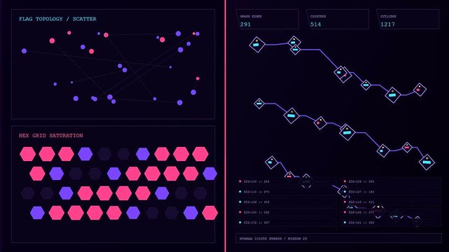 Digital content flagging interface showcasing data flow analysis with floating network nodes and hexagonal grid status indicators presented on a dark glowing monitor screen display