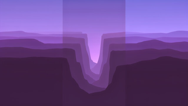 Abstract purple landscape with layered mountain silhouettes and a central deep canyon opening