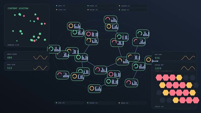 Complex content flagging interface displaying growing data nodes and hexagonal modules in a rhythmic digital animation sequence showcasing software monitoring processes and fluctuating system metrics