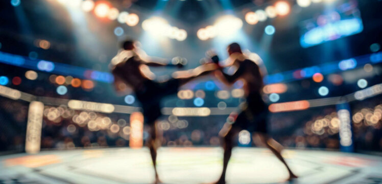 An action-packed scene from a mixed martial arts event showing fighters engaged in a competitive match inside an octagonal cage under bright lights.