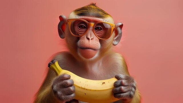 Funny Monkey Wearing Orange Glasses Holding a Banana 4K Generative AI