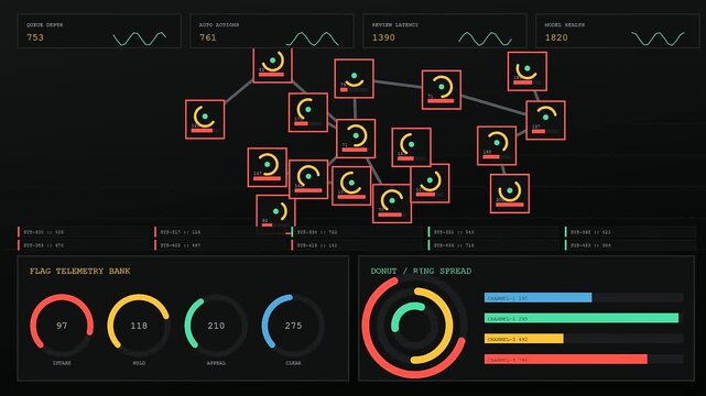 Complex digital content flagging dashboard featuring expanding node networks and animated telemetry rings captured in a dark interface monitor display for advanced data monitoring software systems