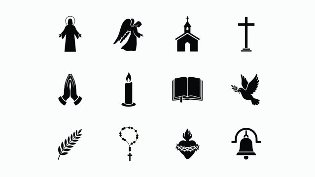 Religious symbols collection in minimalist black with silhouettes variety traditional white silhouettes symbols icons consecration devotional