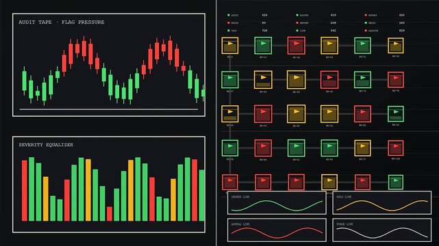 Digital content flagging display showing rhythmic bar charts and oscillation graphs on a dark interface for modern software monitoring in a sleek professional environment
