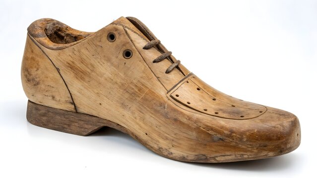 Wooden shoe last carved from natural solid timber with laces rests isolated on a bright white studio background.