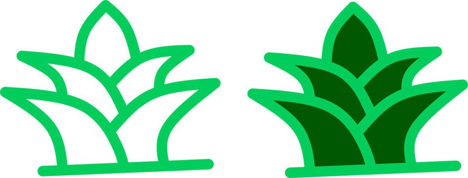 Green aloe vera plant vector icons, featuring line art and filled leaf designs isolated on a white background. Perfect for cosmetics and skincare logos.
