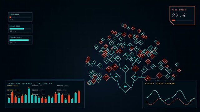Digital content flagging interface panels displaying complex server monitoring data with geometric node patterns and bar charts glowing on a dark screen in a control center