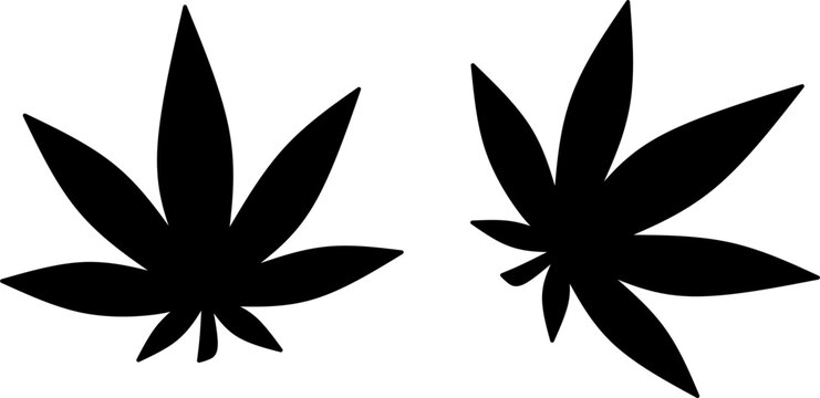 Black cannabis leaf silhouette icons isolated on white background. Vector illustration of marijuana leaves for medical, herbal, or dispensary logos.