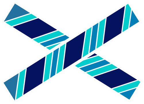 Abstract cross sign vector icon made of blue striped diagonal lines, isolated on a white background. Modern geometric letter X logo or design element.