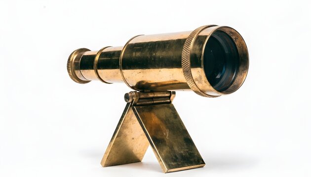 Antique brass spyglass telescope mounted on a foldable desktop stand sits isolated against a clean white backdrop.