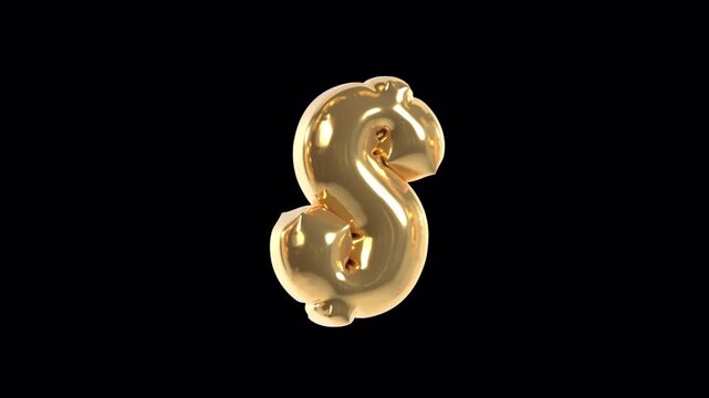 Dollar Sign Golden Foil Balloon 3D Typography Animation Alpha Channel Seamless Loop 4K