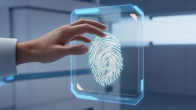 Hand Extended to Floating Holographic Fingerprint Scan Panel