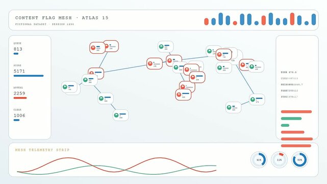 Digital content flagging display shows evolving network graphs and analytical telemetry stats across multiple interface windows revealing live monitoring data flows in a clean minimalist software