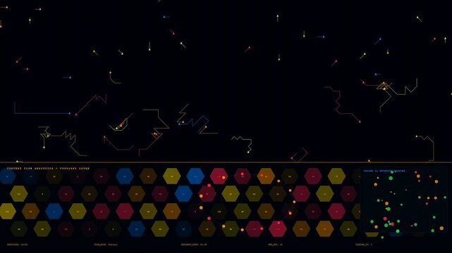 Digital content flagging display shows abstract geometric patterns with moving light trails and hexagonal network structures in a dark interface for data processing and monitoring