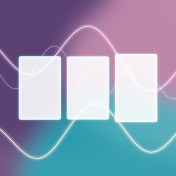 Three blank neon-edged panels rest on a colorful gradient while flowing light waves arc behind them, ideal for tech demos or hero layouts.