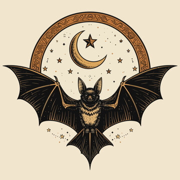 Vintage-style illustration of a bat with outstretched wings, under a crescent moon and star, surrounded by celestial elements within an ornate arch.