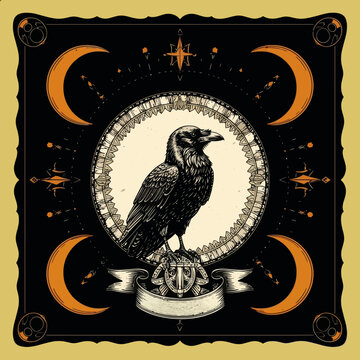 Ornate mystical illustration featuring a raven surrounded by crescent moons and celestial symbols on a dark background.