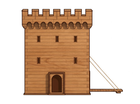 中世の城を模した木製の塔のイラスト。胸壁と跳ね橋を備えた頑丈な木造建築物で、ファンタジーゲームや歴史的な物語の背景素材として適した、クリーンでシンプルなデザインのベクターグラフィック。