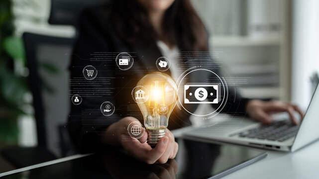 A fintech concept showing a network of digital banking services. This includes secure online payments, global transactions, and e-commerce for the modern financial system. Fermion