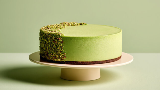 Modern pistachio cheesecake with smooth green finish, dark biscuit base and crushed pistachio detail, displayed on a minimalist pedestal.
