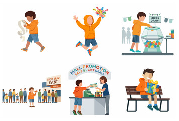 Fototapeta premium Happy boy participating in shopping mall lucky draw and promotion events vector illustration set