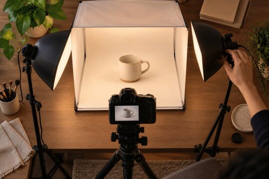 Product Photography Lightbox Setup with Camera and Hand Adjusting Light