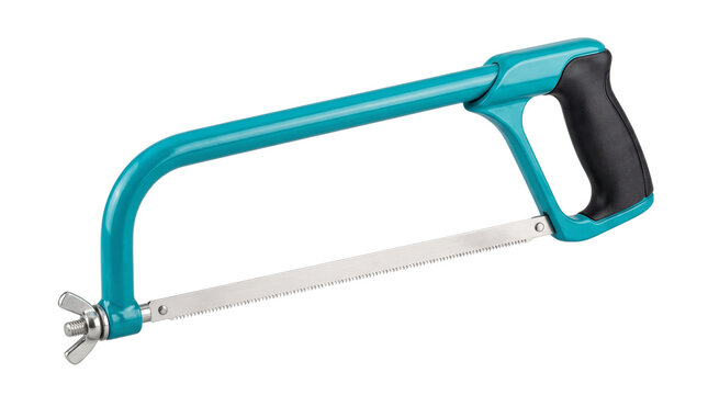 Professional manual hacksaw with a blue steel frame and ergonomic black handle for metal cutting isolated on a white background