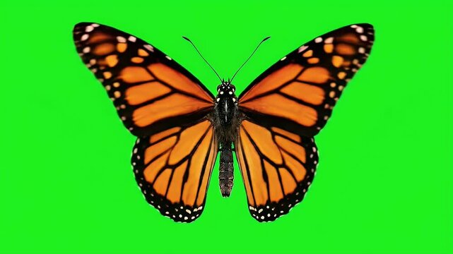 Vivid monarch butterfly wings flapping gently on green screen