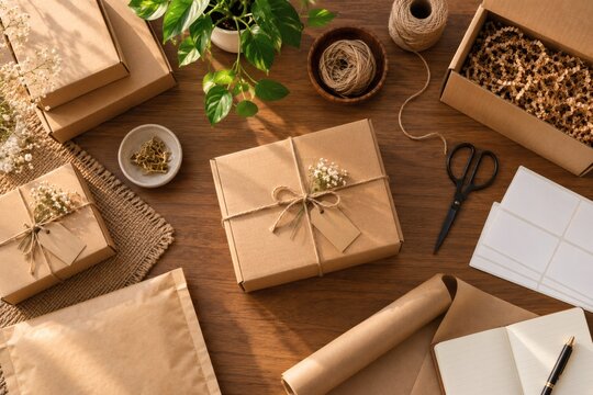 Craft Business Packaging Desk with Shipping Boxes and Twine