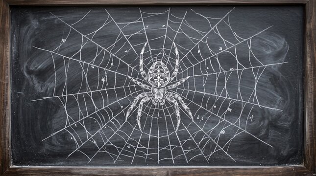 Halloween chalk spider and web drawing on a blackboard background