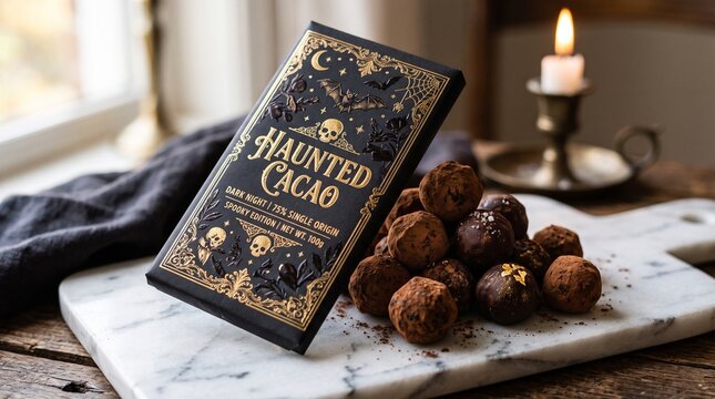 Halloween candy dark chocolate bar and cocoa truffles on marble