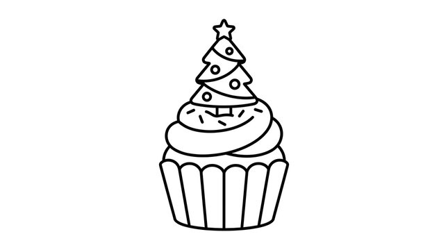 Christmas Tree Cupcake Line Art Illustration