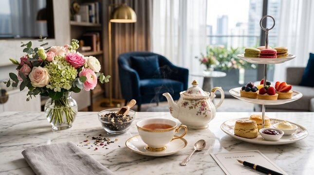 Elegant afternoon tea service on marble table, luxury high tea with floral bouquet, gourmet pastries and scones in upscale living room