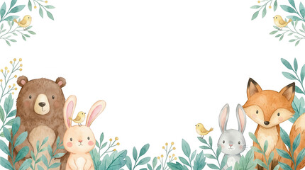 Obraz premium Watercolor illustration featuring cute woodland animals including a brown bear a fox rabbits and small yellow birds surrounded by green leaves and foliage in a hand painted art style