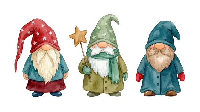 Three charming watercolor gnomes wearing colorful winter hats and warm clothing while holding a golden star wand character magical fantasy cute beard holiday set trio red