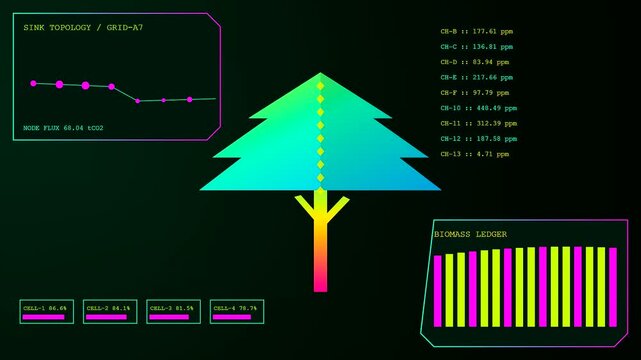 Monitoring carbon sequestration performance via dynamic interface displays showing ecological health metrics on a glowing gradient tree symbol with fluctuating data charts and digital forest analytics