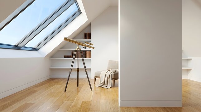 Modern attic room interior with a telescope and wooden floor under a skylight window.